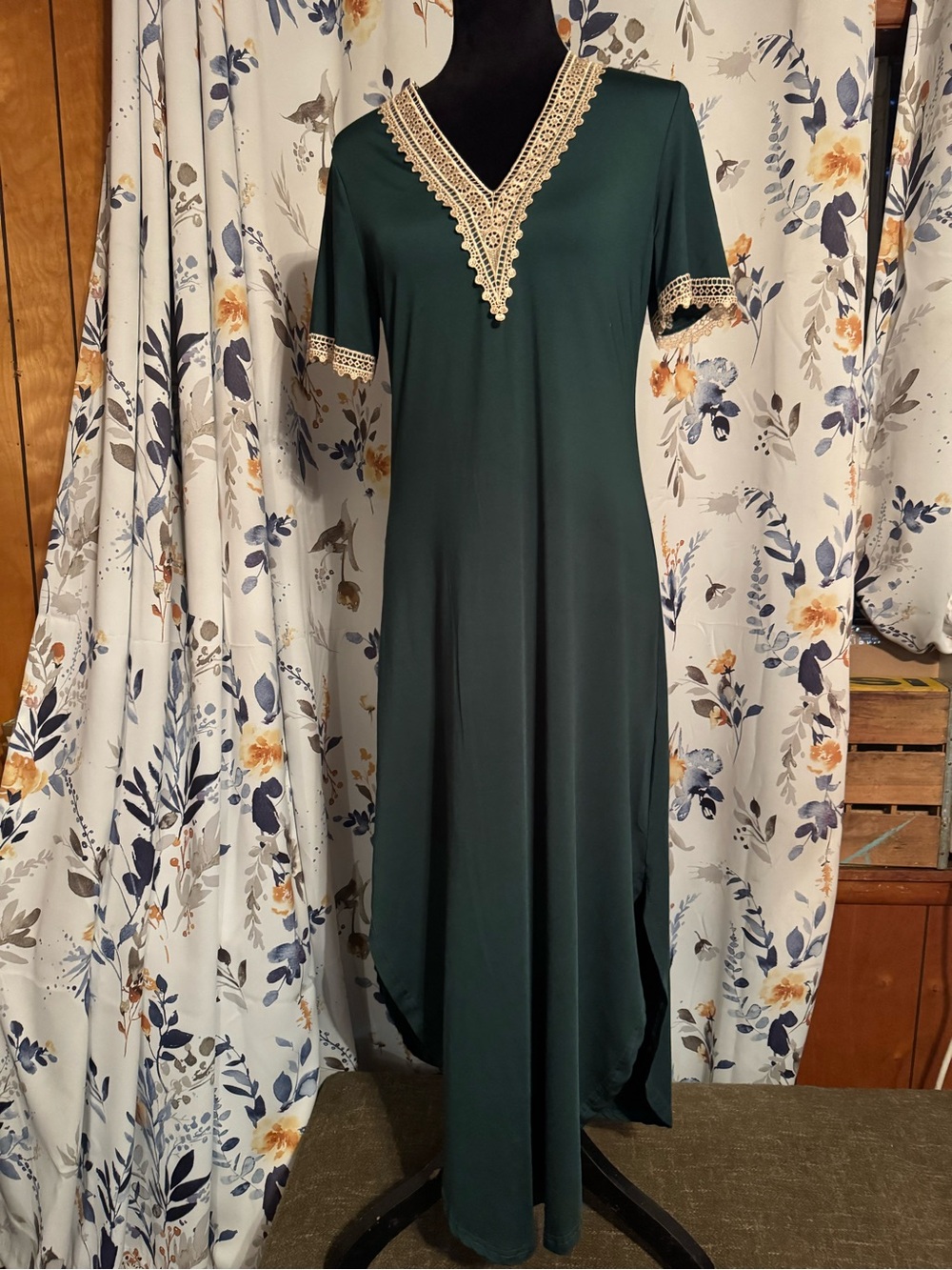 Green Maxi Dress with Cream Lace V-Neck